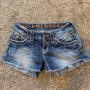 Rock Revival Women's Distressed Blue Jean Shorts with Embroidered Pockets